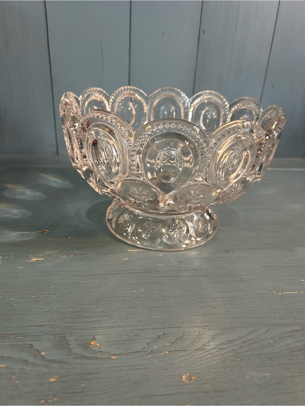 Vintage Clear Pressed Glass Compote Bowl - Transparent - Moon & Stars Design